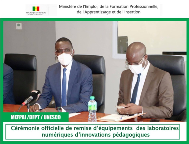 Le ministre Dame Diop a présidé ce matin  la cérémonie officielle de remise d’équipements  des laboratoires numériques d’innovations pédagogiques,initiée par la direction de la formation professionnelle et technique du MEFPAI et avec l’appui