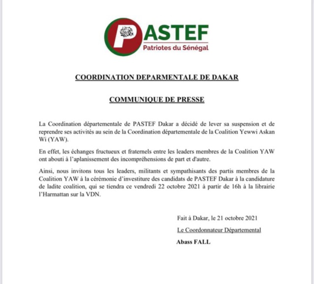Pastef Dakar décide de reprendre ses activités au sein de la Coalition Yewwi Askan Wi Pastef Dakar décide de reprendre ses activités au sein de la Coalition Yewwi Askan Wi