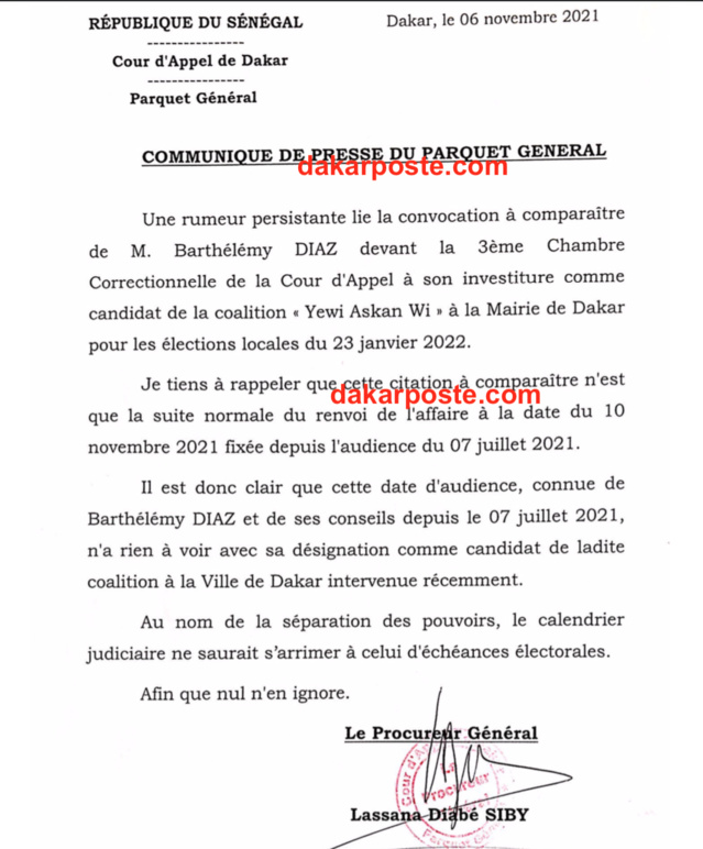 Polémique suite à la convocation de Barthélémy Dias devant le juge de la Cour d'Appel, mercredi 10 novembre 2021- La mise au point du Procureur Général, Lansana Diaby Polémique suite à la convocation de Barthélémy Dias devant le juge de la Cour d'Appel, mercredi 10 novembre 2021- La mise au point du Procureur Général, Lansana Diaby