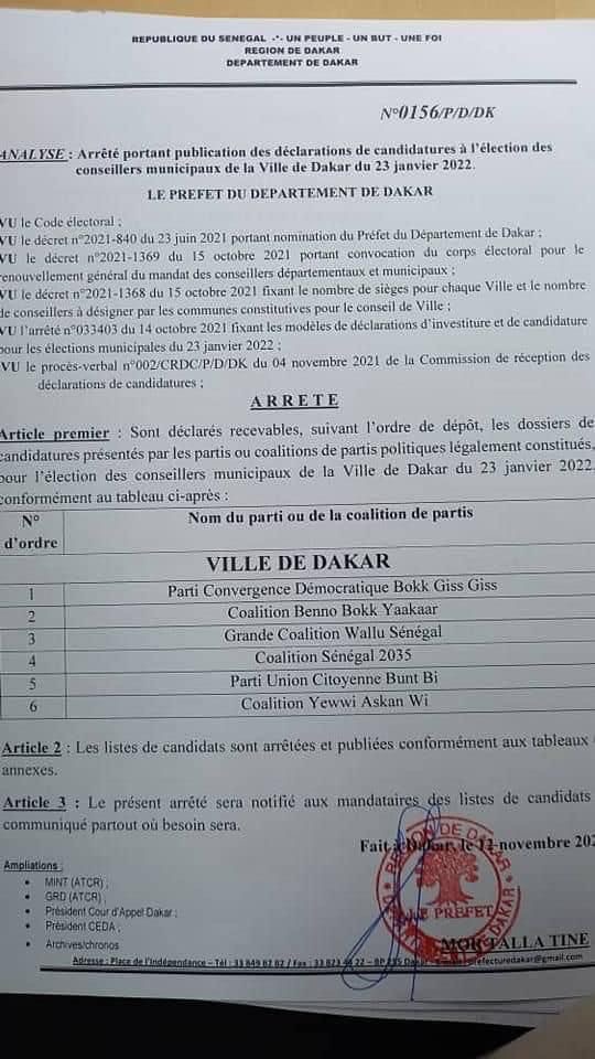 Locales 2022 / Ville de Dakar : Le préfet de Dakar publie la liste des partis et coalitions déclarés recevables. Guem Sa Bop dans « l’incertitude »