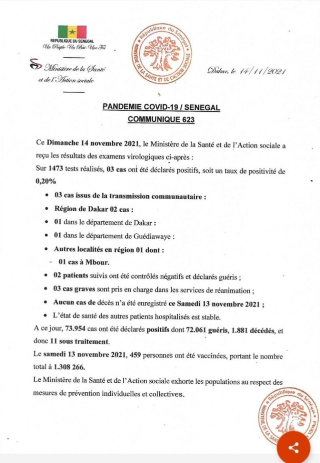 Covid-19: Trois nouveaux cas communautaires, ce dimanche