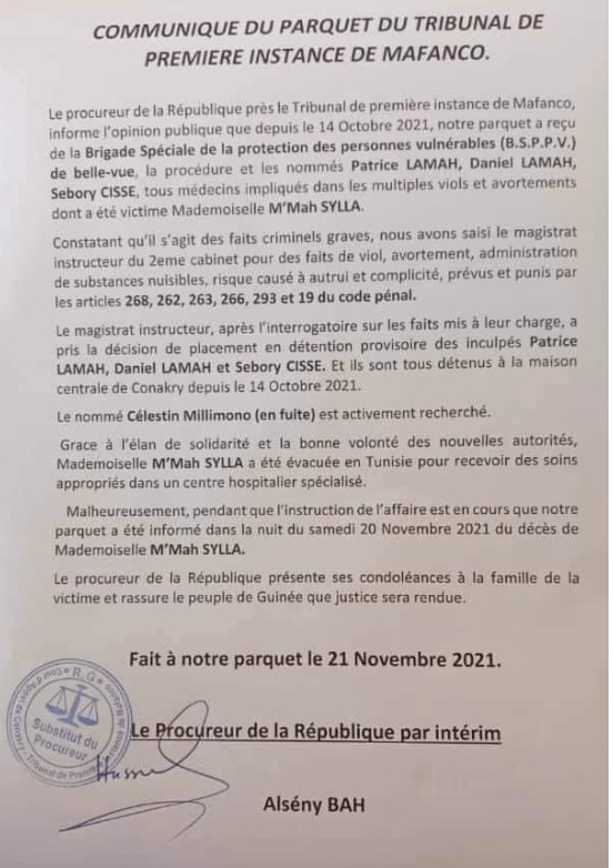 Conakry: Droguée et violée par 3 médecins, M'Mah Sylla meurt après 7 opérations