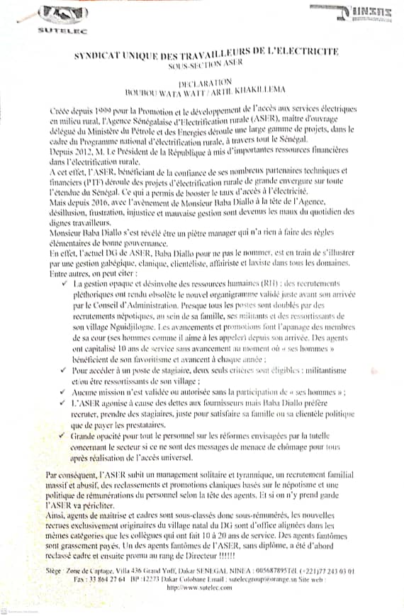 Bamboula à l'ASER: le DG, Baba Diallo, sa famille et ses "militants" font la pluie et le beau temps avec les deniers publics...Effarantes révélations... Bamboula à l'ASER: le DG, Baba Diallo, sa famille et ses "militants" font la pluie et le beau temps avec les deniers publics...Effarantes révélations...