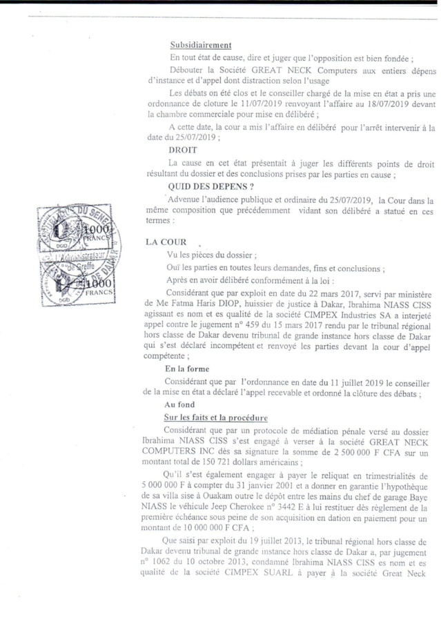 Voici le document qui confirme la condamnation de Baye Ciss par la Cour d'Appel de Dakar !