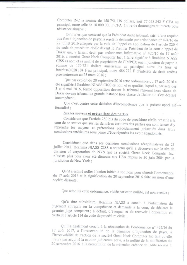 Voici le document qui confirme la condamnation de Baye Ciss par la Cour d'Appel de Dakar !