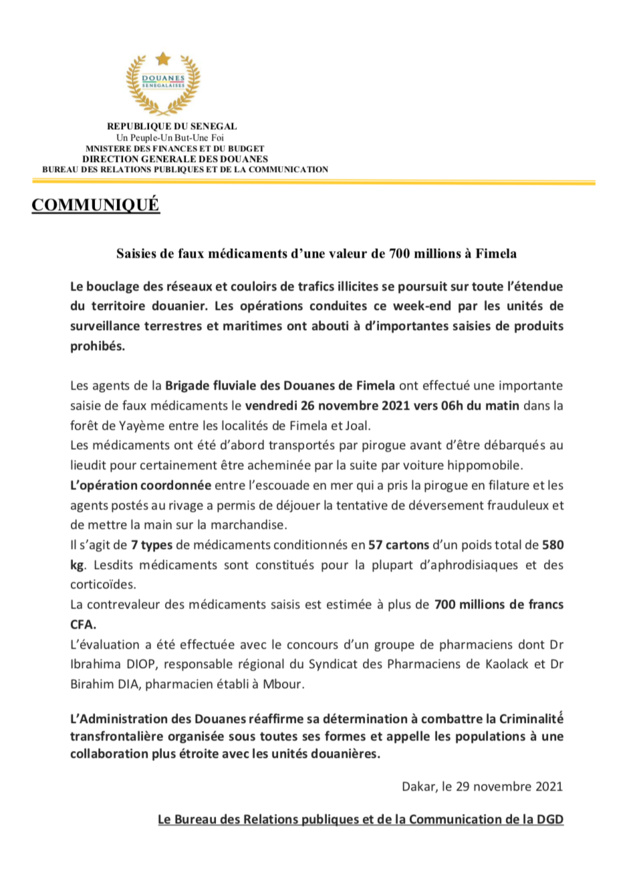 Saisie de faux médicaments d'une valeur de 700 millions f cfa par la Douane Sénégalaise