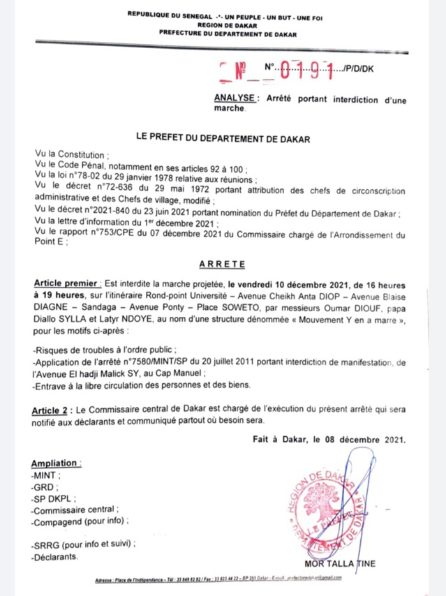 Marche pour dénoncer l’instrumentalisation de la justice : la manifestation de « Y en marre » interdite Marche pour dénoncer l’instrumentalisation de la justice : la manifestation de « Y en marre » interdite