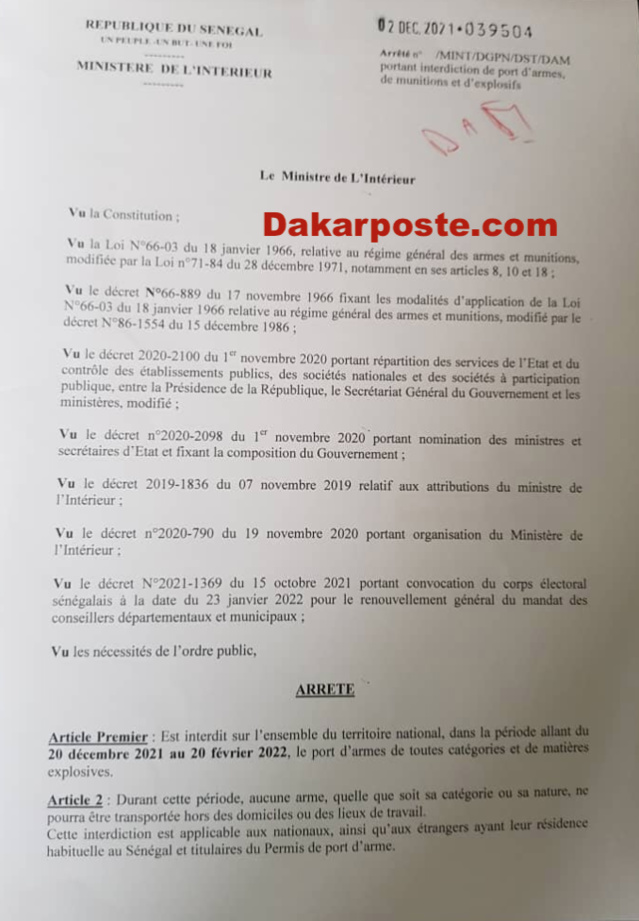 ARRETÉ :Interdiction de porter des armes du...(DOCUMENT)