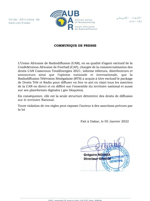 Droits de diffusion-CAN: la Rts casque 1,2 milliard de francs Cfa et... menace les pirates