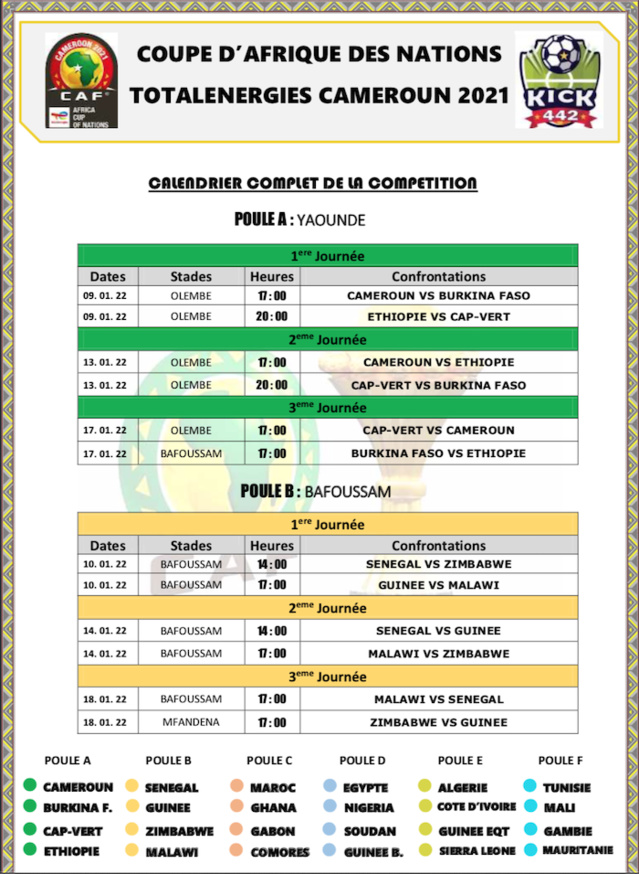 Le calendrier complet de la Coupe d'Afrique des Nations se déroule du 9 janvier au 6 février 2022 au Cameroun.