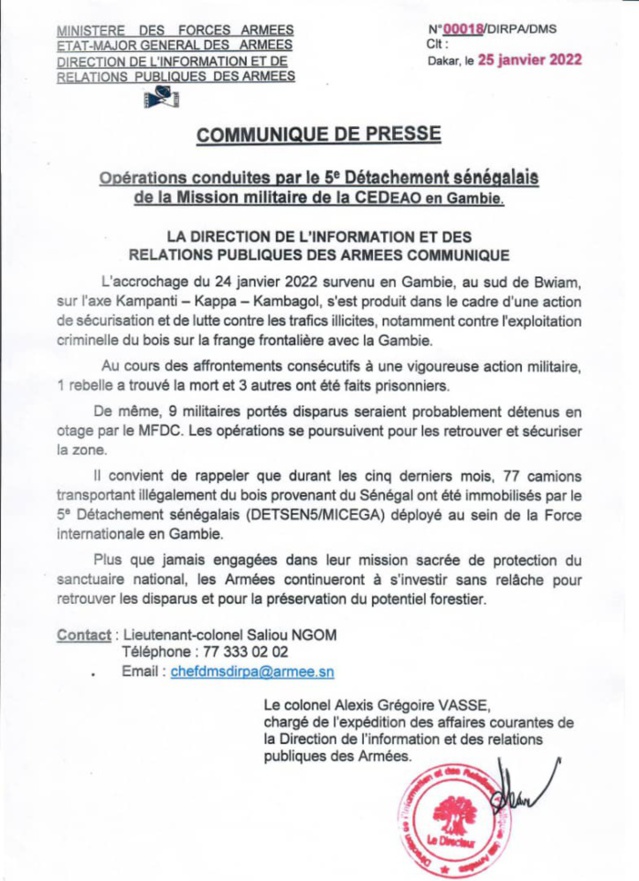 Accrochage entre le détachement sénégalais en Gambie et des rebelles du MFDC: 9 militaires sénégalais portés disparus Accrochage entre le détachement sénégalais en Gambie et des rebelles du MFDC: 9 militaires sénégalais portés disparus