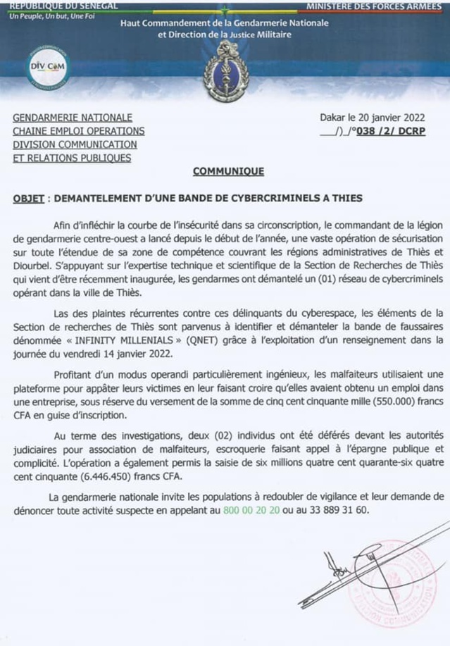 Urgent- Démantèlement d'une bande de cybercriminels à Thiès Urgent- Démantèlement d'une bande de cybercriminels à Thiès
