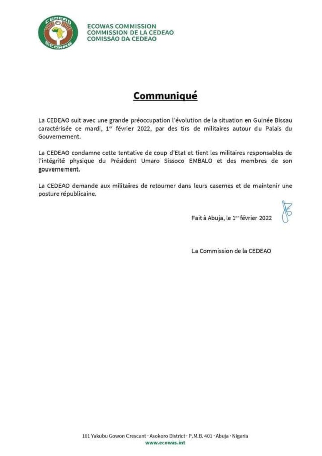 La Cedeao condamne la tentative de coup d'État à Bissau La Cedeao condamne la tentative de coup d'État à Bissau