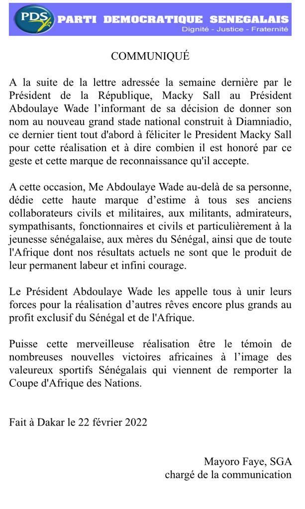 Le stade du Sénégal baptisé en son nom- Voici la réaction de Me Wade Le stade du Sénégal baptisé en son nom- Voici la réaction de Me Wade