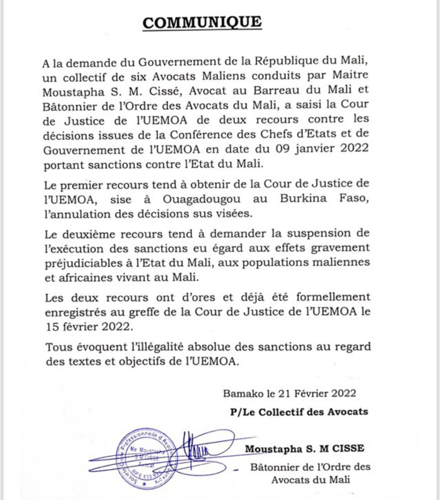 Sanctions contre le Mali: le Gouvernement de transition porte plainte contre l'UEMOA Sanctions contre le Mali: le Gouvernement de transition porte plainte contre l'UEMOA