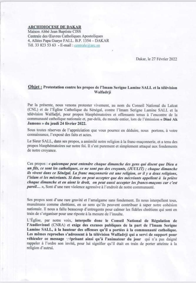 Communiqué de l'archidiocèse de Dakar