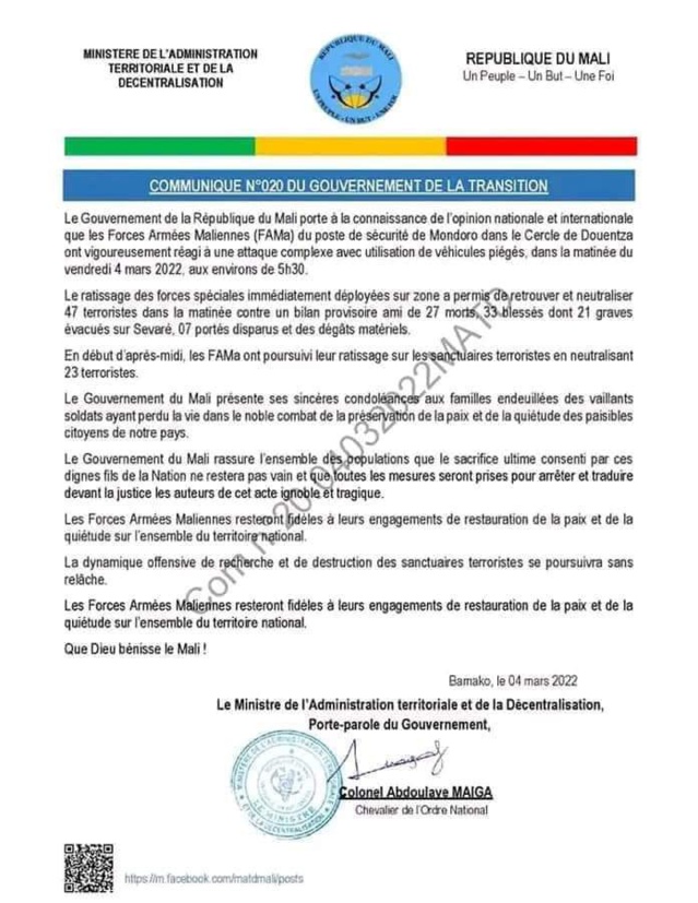 Mali: 27 soldats tués dans une attaque jihadiste dans le centre (armée) Mali: 27 soldats tués dans une attaque jihadiste dans le centre (armée)