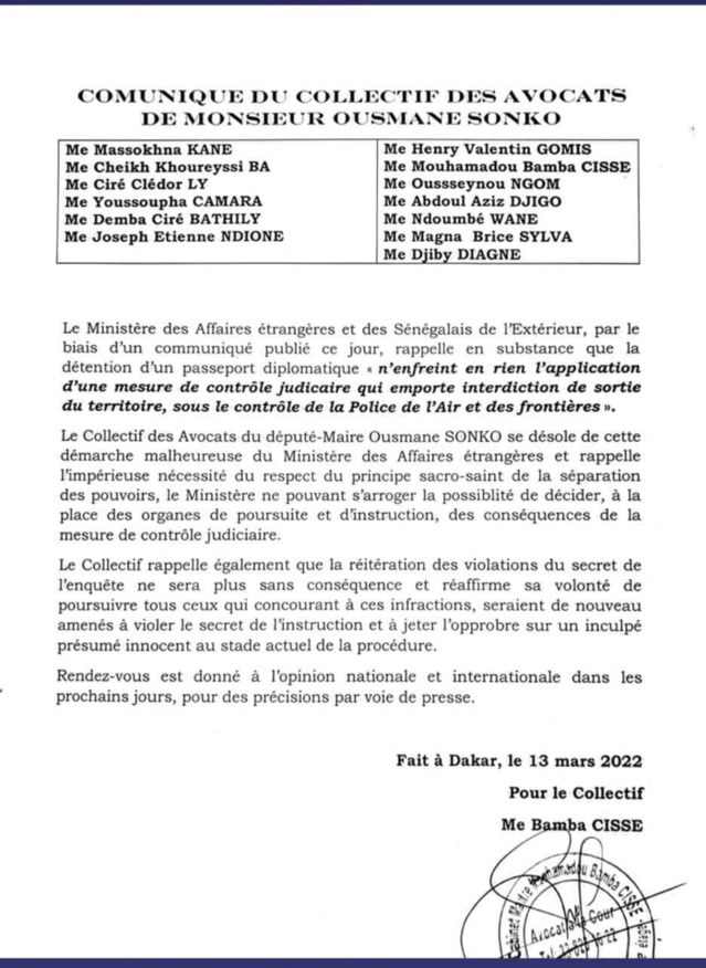 Controle judiciaire d'Ousmane Sonko: les avocats du député déplorent la démarche du Ministére des affaires étrangéres