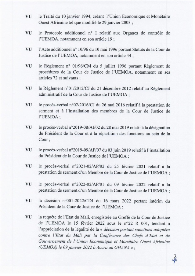 Mali : suspension des sanctions adoptées contre le Mali par les Chefs d’État de l'Uemoa (Document)