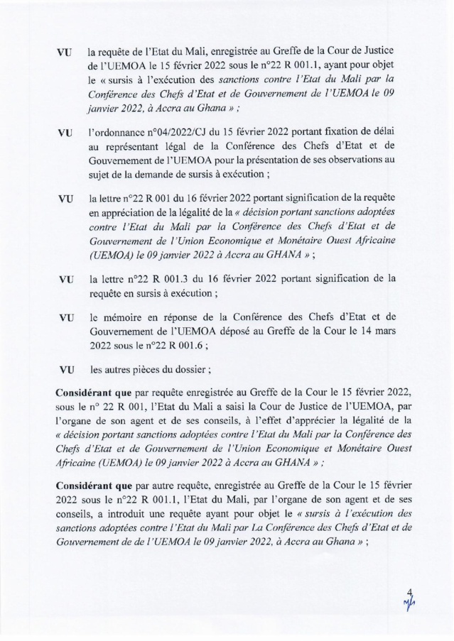 Mali : suspension des sanctions adoptées contre le Mali par les Chefs d’État de l'Uemoa (Document)