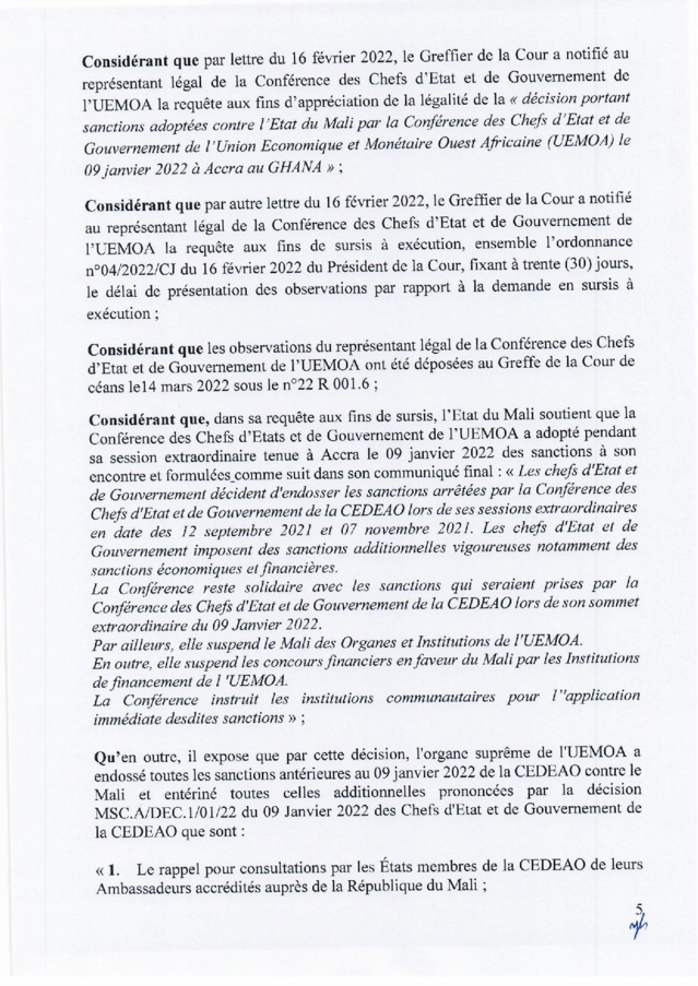 Mali : suspension des sanctions adoptées contre le Mali par les Chefs d’État de l'Uemoa (Document) Mali : suspension des sanctions adoptées contre le Mali par les Chefs d’État de l'Uemoa (Document)
