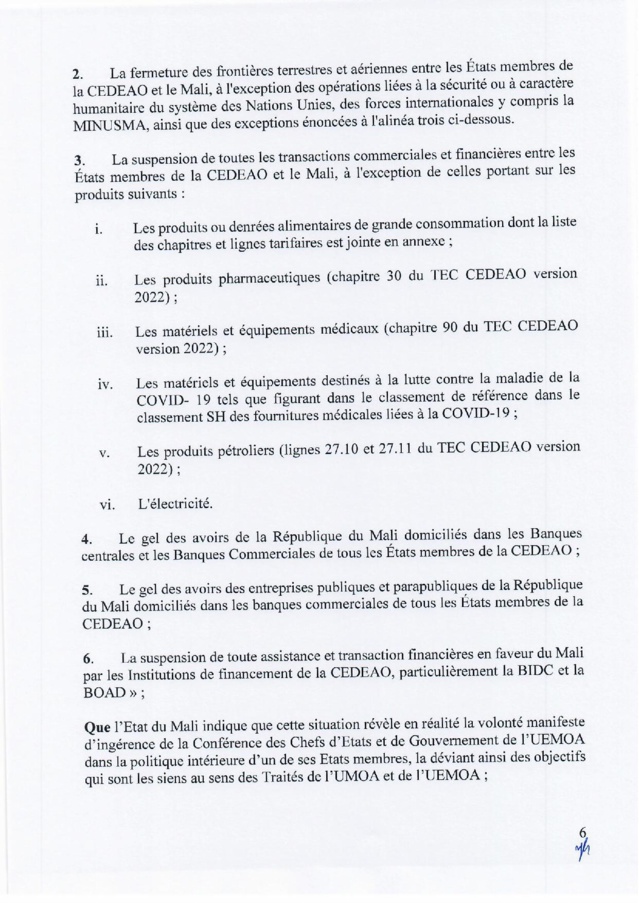 Mali : suspension des sanctions adoptées contre le Mali par les Chefs d’État de l'Uemoa (Document)