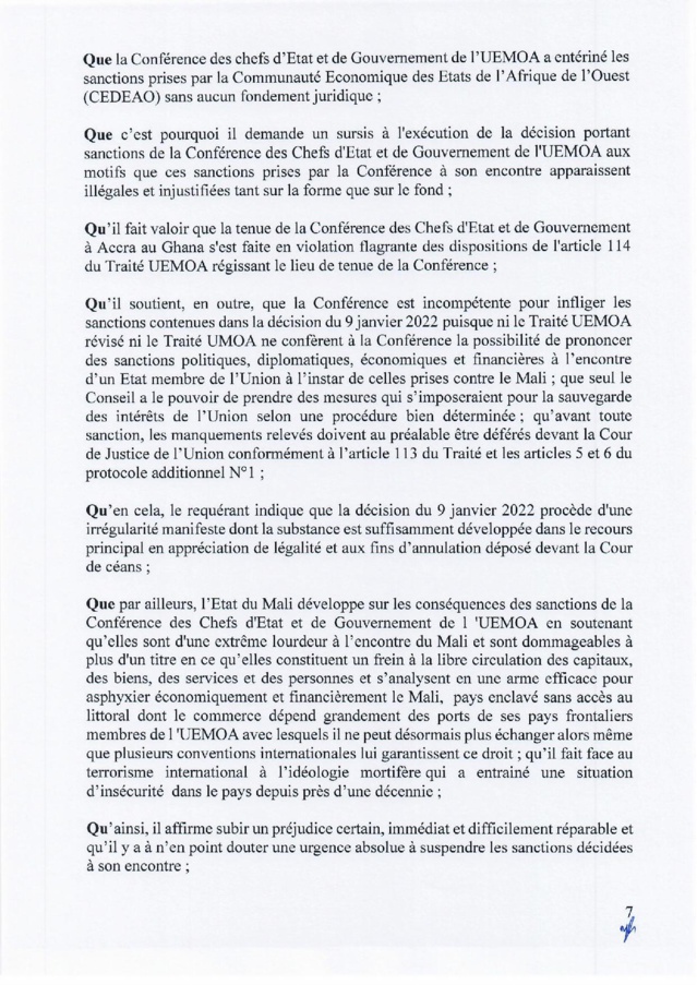 Mali : suspension des sanctions adoptées contre le Mali par les Chefs d’État de l'Uemoa (Document)