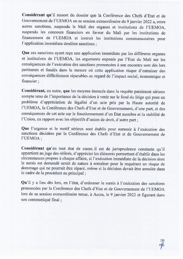 Mali : suspension des sanctions adoptées contre le Mali par les Chefs d’État de l'Uemoa (Document)