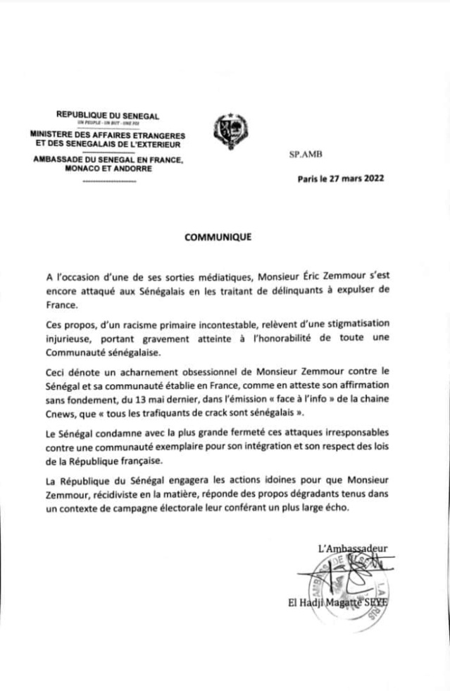 France : L’Ambassade du Sénégal condamne les injures d’Eric Zemmour et annonce des poursuites…