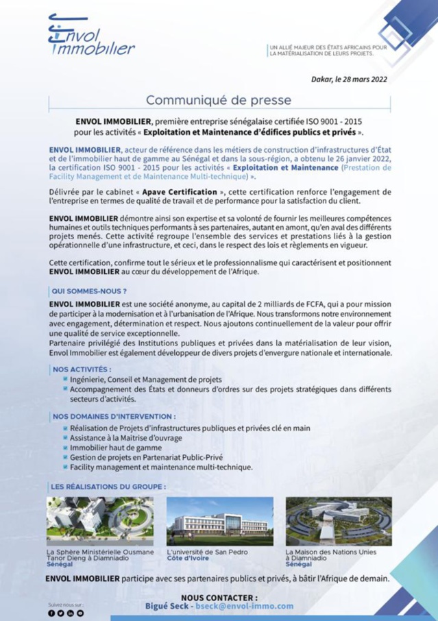 Certification: "Envol Immobilier" cértifiée pour les activités "exploitation et maintenance d'édifices publics et privés"