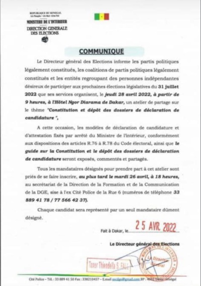 Législatives 2022: La Direction générale des élections organise ce jeudi, un atelier de partage sur la constitution et le dépôt des dossiers de candidature Législatives 2022: La Direction générale des élections organise ce jeudi, un atelier de partage sur la constitution et le dépôt des dossiers de candidature
