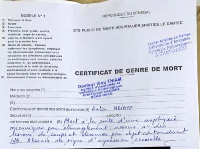 Drame de Bargny : le certificat de genre de mort révèle une mort par étranglement et exclut le viol. Drame de Bargny : le certificat de genre de mort révèle une mort par étranglement et exclut le viol.