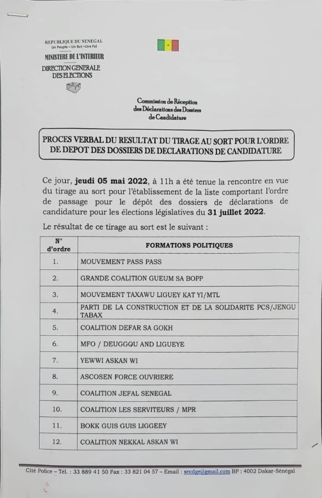 Législatives 2022 : L’ordre de passage pour le dépôt des dossiers de candidature enfin connu! Législatives 2022 : L’ordre de passage pour le dépôt des dossiers de candidature enfin connu!