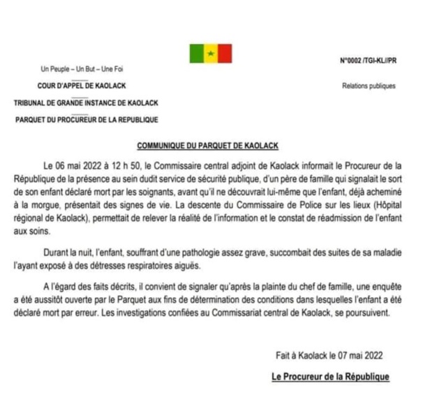 Affaire du bébé de l'hôpital régional de Kaolack : Le parquet ouvre une enquête. Affaire du bébé de l'hôpital régional de Kaolack : Le parquet ouvre une enquête.
