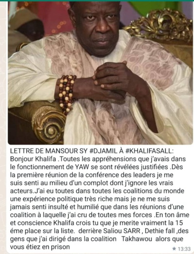 Mansour Sy Djamil à Khalifa Sall : "Crois tu que je mérite cette 15ème place sur la liste ? Je ne me suis jamais senti humilié que..." Mansour Sy Djamil à Khalifa Sall : "Crois tu que je mérite cette 15ème place sur la liste ? Je ne me suis jamais senti humilié que..."