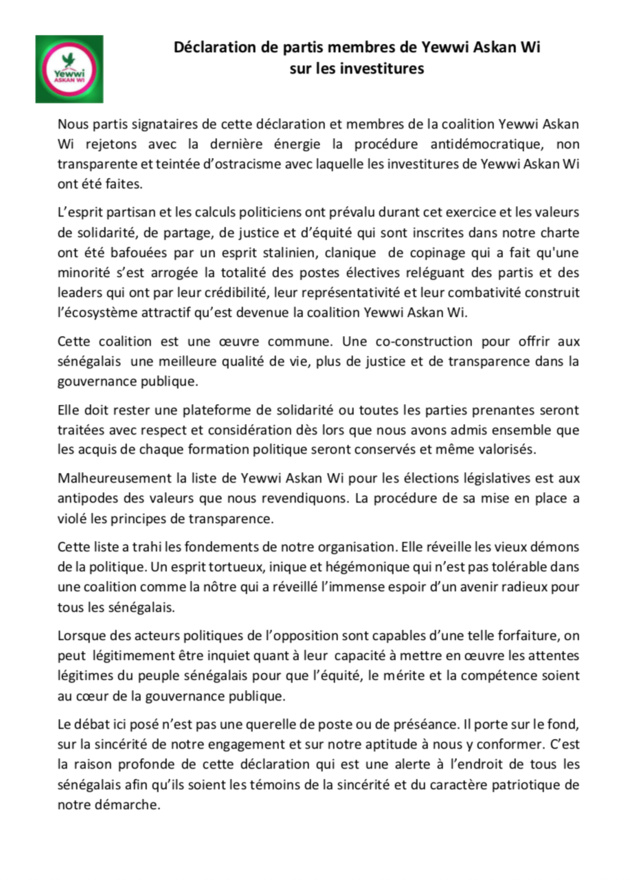 Coalition avec Yeewi Askanwi- Cheikh Bamba Dièye et Cie ruent dans les brancards (COMMUNIQUÉ)
