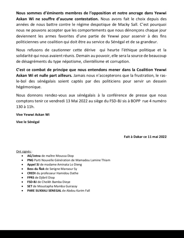 Coalition avec Yeewi Askanwi- Cheikh Bamba Dièye et Cie ruent dans les brancards (COMMUNIQUÉ)