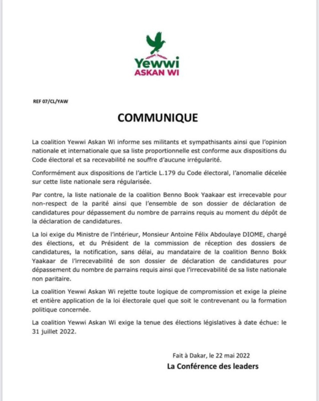 Législatives: "Yewwi" confiante pour ses listes "proportionnelle" et "nationale", demande aux autorités de prononcer l'irrecevabilité de celle de Benno Législatives: "Yewwi" confiante pour ses listes "proportionnelle" et "nationale", demande aux autorités de prononcer l'irrecevabilité de celle de Benno
