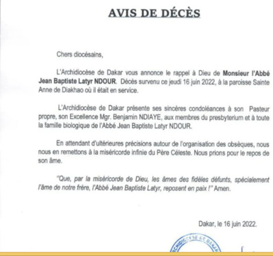 Nécrologie / Eglise sénégalaise : Jean Baptiste Latyr Ndour n’est plus Nécrologie / Eglise sénégalaise : Jean Baptiste Latyr Ndour n’est plus