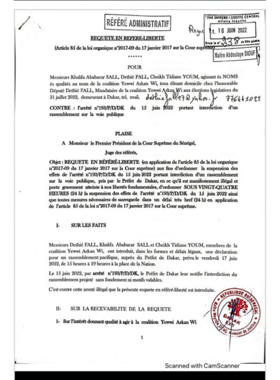 REQUÊTE EN RÉFÉRÉ - LIBERTÉ DE YAW / La Cour Suprême convoque en urgence pour une audience à 13 H30 REQUÊTE EN RÉFÉRÉ - LIBERTÉ DE YAW / La Cour Suprême convoque en urgence pour une audience à 13 H30