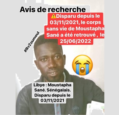 Libye : disparu depuis le 03/11/2021, le corps sans vie de Moustapha Sané a été retrouvé la semaine dernière, sur une plage Libye : disparu depuis le 03/11/2021, le corps sans vie de Moustapha Sané a été retrouvé la semaine dernière, sur une plage