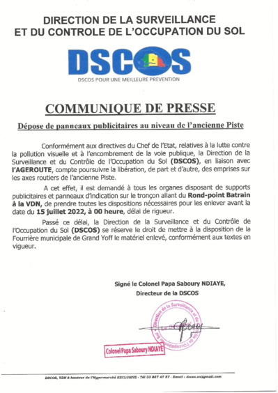 Occupation illégale - Ancienne piste et pôle urbain de Diamniadio : Un délai allant jusqu’au 15 juillet, accordé par la DSCOS aux propriétaires de panneaux Occupation illégale - Ancienne piste et pôle urbain de Diamniadio : Un délai allant jusqu’au 15 juillet, accordé par la DSCOS aux propriétaires de panneaux