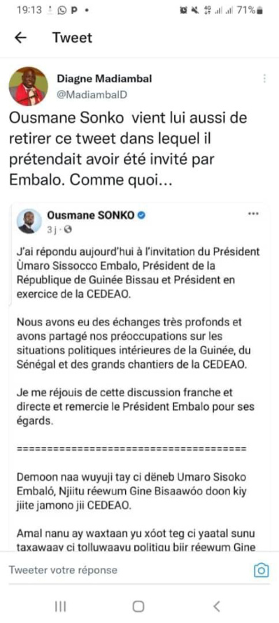 Audience : Umaro Sissoco Embalo confirme Madiambal Diagne, Ousmane Sonko retire son tweet Audience : Umaro Sissoco Embalo confirme Madiambal Diagne, Ousmane Sonko retire son tweet