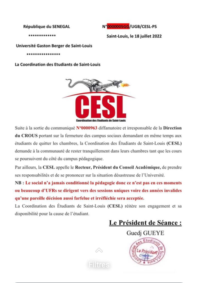 UGB : fermeture du campus, la coordination des étudiants (CESL) invalide la décision et... (Document) UGB : fermeture du campus, la coordination des étudiants (CESL) invalide la décision et... (Document)