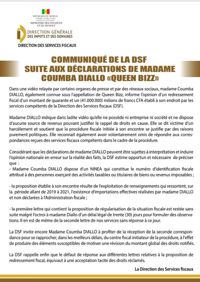 Redressement fiscal de 40 millions de francs CFA à la chanteuse Queen Biz- Voici le communiqué de la Direction générale des Impôts et Domaines (DGID) Redressement fiscal de 40 millions de francs CFA à la chanteuse Queen Biz- Voici le communiqué de la Direction générale des Impôts et Domaines (DGID)