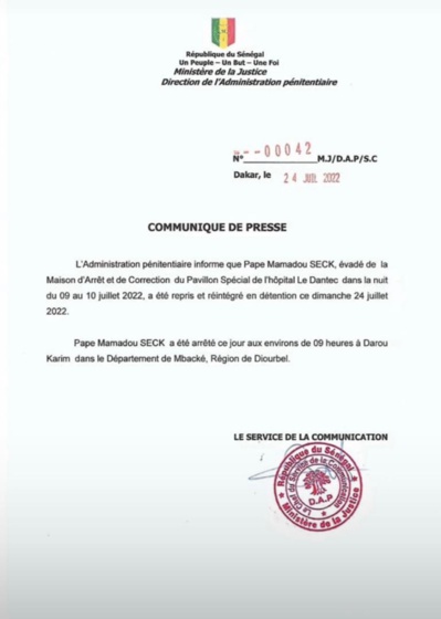 Le fugitif Pape Mamadou Seck finalement arrêté (document) Le fugitif Pape Mamadou Seck finalement arrêté (document)