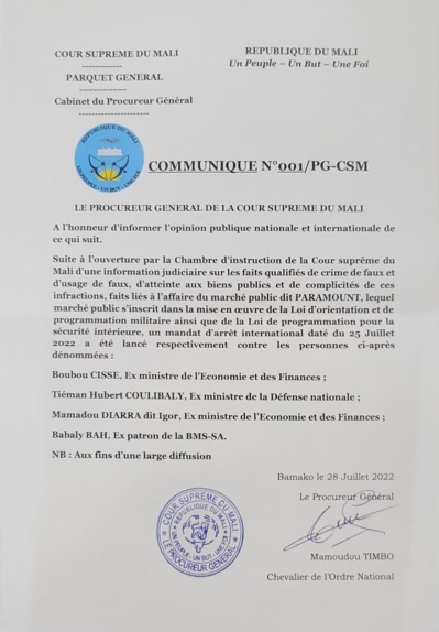 Mali/Affaire PARAMOUNT : la justice lance un mandat d'arrêt international contre 3 ministres et un ex-DG. Mali/Affaire PARAMOUNT : la justice lance un mandat d'arrêt international contre 3 ministres et un ex-DG.