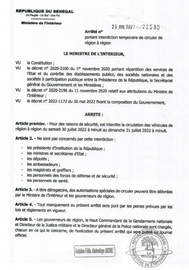 Élections législatives du 31 juillet 2022 : la circulation inter-région sera interdite à partir de samedi minuit.
