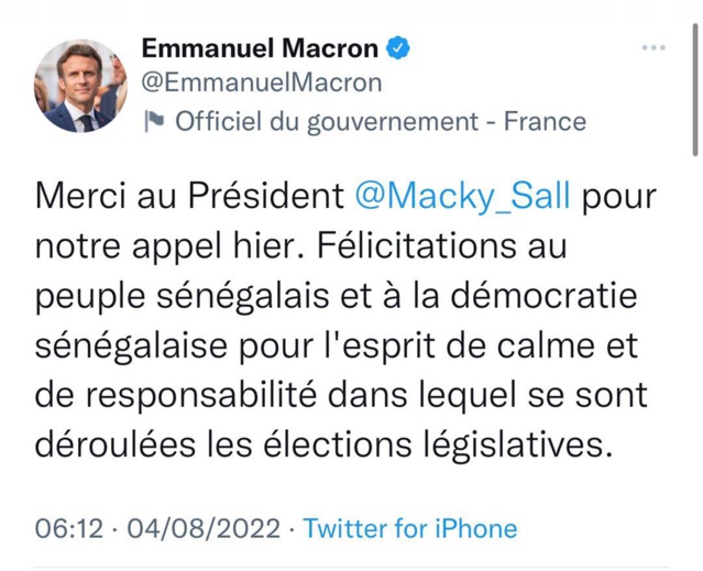 Le tweet de félicitations de Macron à Macky Sall Le tweet de félicitations de Macron à Macky Sall