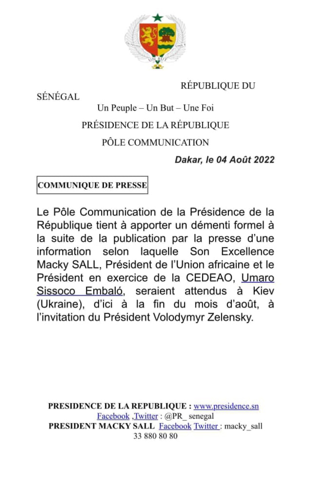 Voyage annoncé en Ukraine en compagnie de son homologue Embaló- La Présidence de la République du Sénégal dément Jeune Afrique